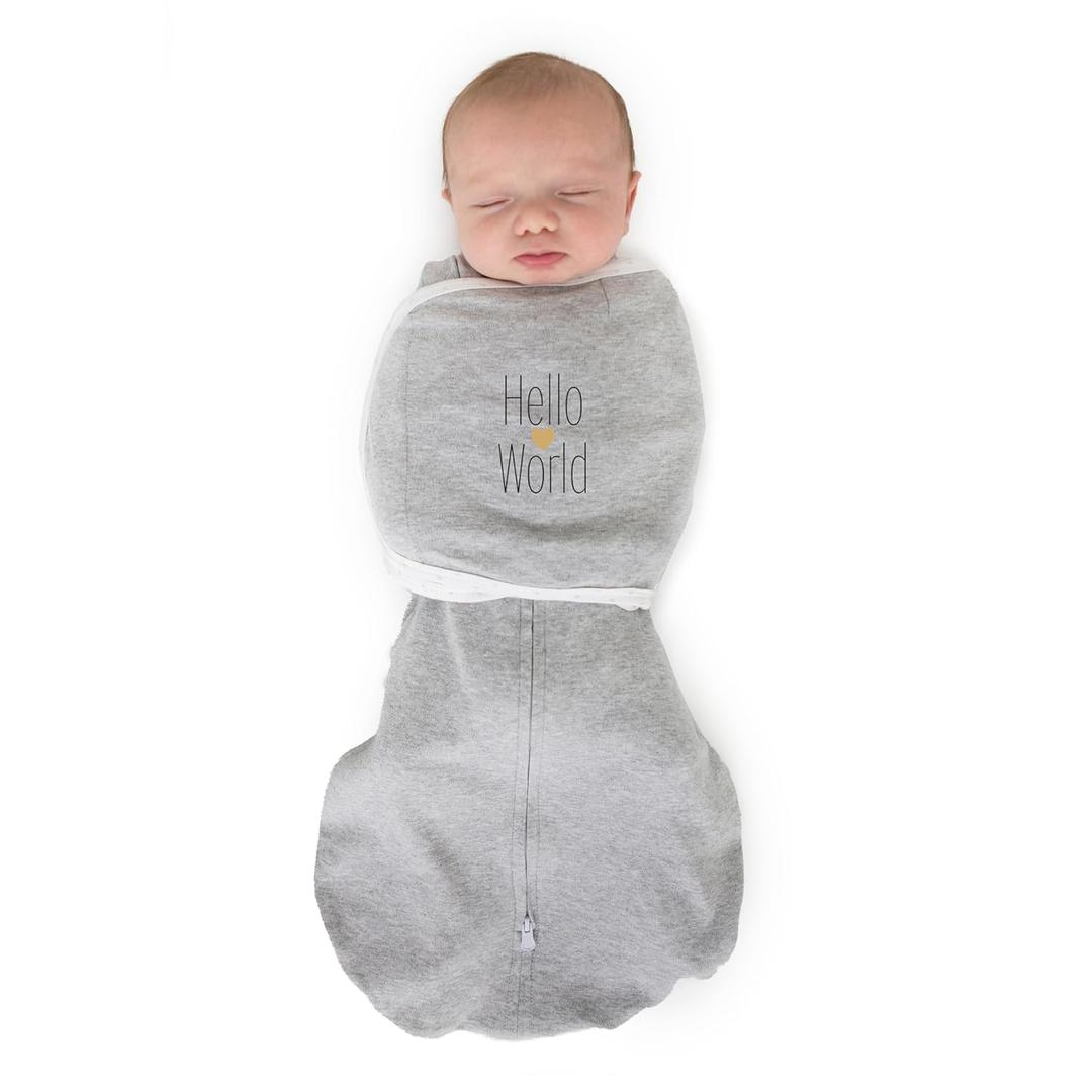 SwaddleDesigns 6-Way Omni Swaddle Sack, Arms Up Swaddle for Newborn, More Options to Calm Startle Reflex, Improves Sleep, Small, 0-3 Month, 6-14 lbs, Gray, Hello World