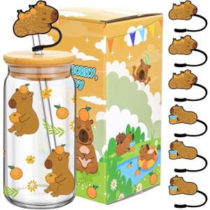 Didaey Capybara Gifts for Women Cute Capybara Glass Cup 17 oz Coffee Cups with Lids and Straw Cover Cap for Birthday Gifts for Animal Lovers Stuff