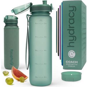 Hydracy Water Bottle with Time Marker -Large BPA Free Water Bottle & No Sweat Sleeve -Leak Proof Gym Bottle with Times to Drink - Ideal for Fitness Sports & Outdoors, 32 Ounces
