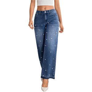 MakeMeChic Women's Pearls Jeans Wide Leg Stretch Straight Y2K Denim Pants Trousers (28, Blue)