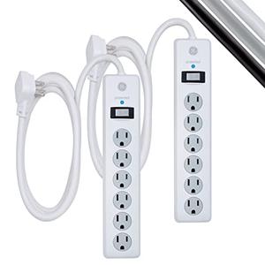 GE Surge Protector Power Strip, 6 Ft Extension Cord, 6 Outlet Extender, 800 Joules, Flat Plug, Twist-to-Close Safety Covers, ETL Listed, White, 2 Pack, 54638