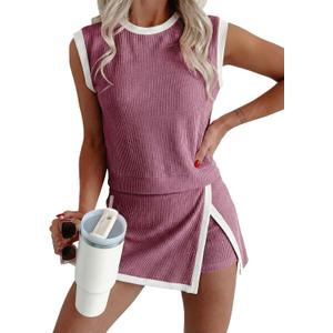 EVALESS 2 Piece Sets for Women Summer Matching Athletic Lounge Outfits Ribbed Knit Tank Top and Elastic Waist Split Lined Skirt 2026 Spring Trendy Womens Travel Vacation Set Pink Medium