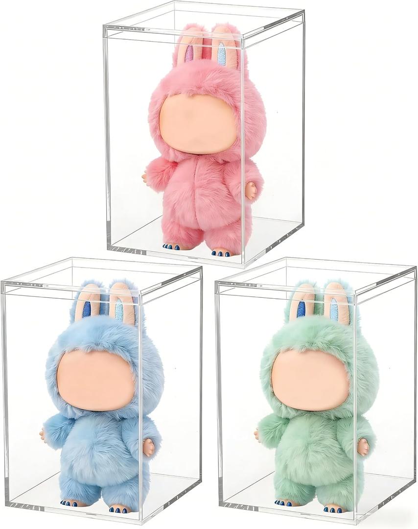 3 Pack Clear Plastic Stackable Display Case with Lid Display Case Compatible with Labubu POP MART Acrylic Clear Display Box Shelf Figure Display Case for Plush Collectibles Figurines (4x4x6")