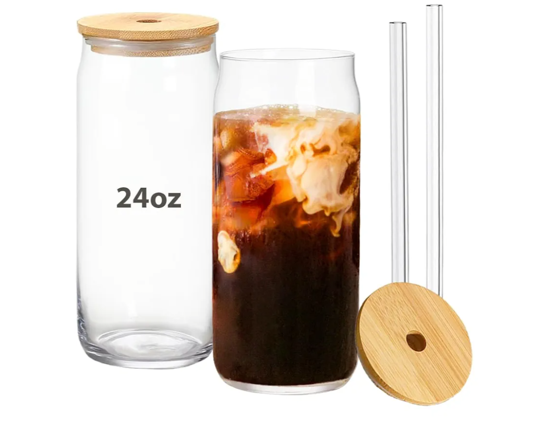 24oz Drinking Glass with Bamboo Lid and Straw, 2 Pack Glass Tumbler for Beer, Iced Coffee, Matcha Cup with 2 Straw Brush
