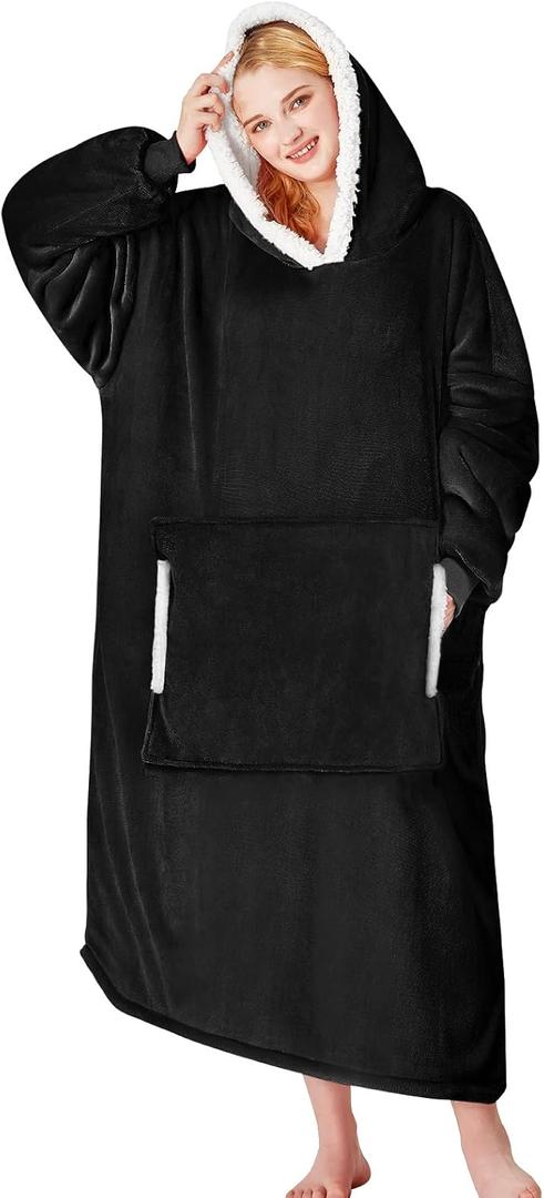 Yescool Wearable Blanket Hoodie, Flannel Sherpa Fleece Blanket Sweatshirt For Adults Women Men, One Size Fits All (Black)