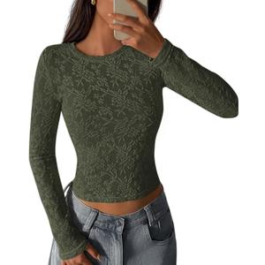 PRETTYGARDEN Women's 2026 Fall Long Sleeve Lace Dressy Casual Blouses Crewneck Slim Embroidered Fashion Mesh Tops Shirts (Green, XL)
