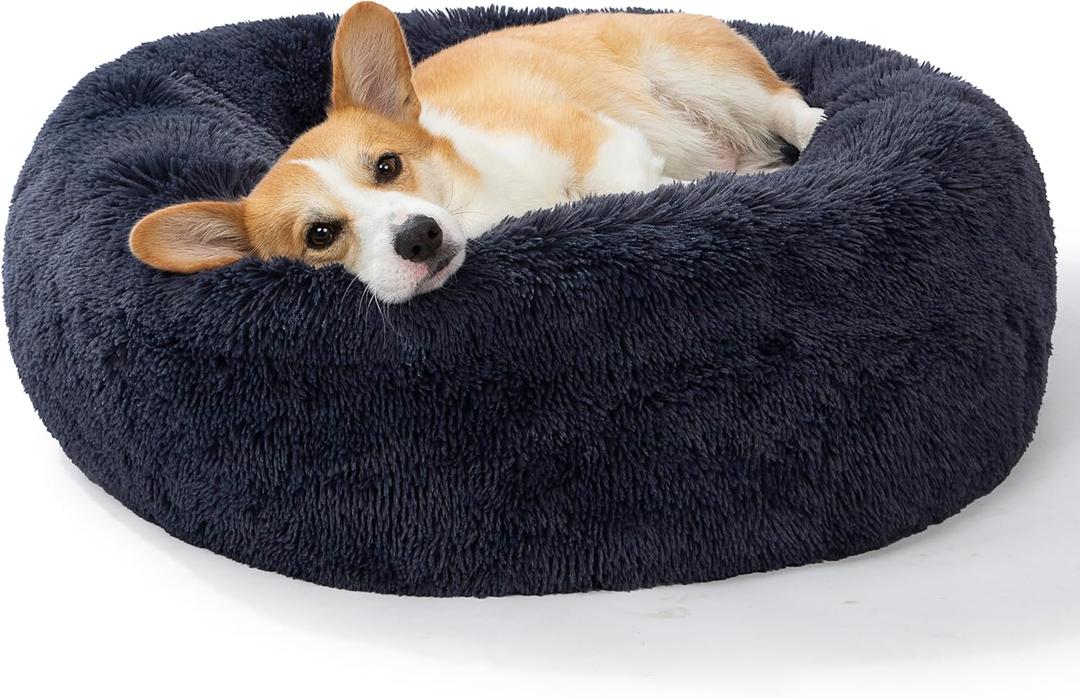 SAVFOX Calming Dog Bed, Anti Anxiety Dog Bed, Plush Donut Dog Bed for Small Dogs, Medium, Large & X-Large, Soft Fuzzy Comfy Dog Bed in Faux Fur, Cuddler Pet Bed, Washable, Multiple Sizes S-XL (Dark grey)