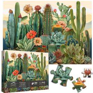 Vintage Cactus Plant Puzzles for Adults 1000 Pieces and up, PICKFORU Retro Succulents Puzzles as Home Decor, Flower Puzzle for Plant Lovers