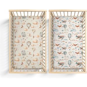 2 Pack Hot Air Balloon Plane Clouds Stars Pattern Baby Sheets for Crib, Unisex Hot Air Balloon Nursery Fitted Bed Sheet for Boys Girls Standard Crib and Toddler Mattress-28x52
