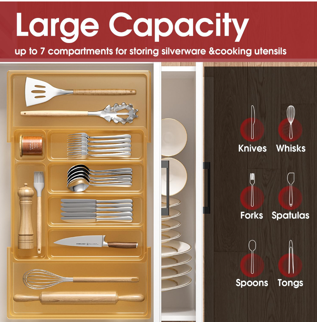 TAELXIID Silverware Drawer Organizer, Expandable Utensil Tray for Kitchen, BPA Free Flatware and Cutlery Holder, Adjustable Plastic Storage for Spoons Forks Knives, Large, Gold
