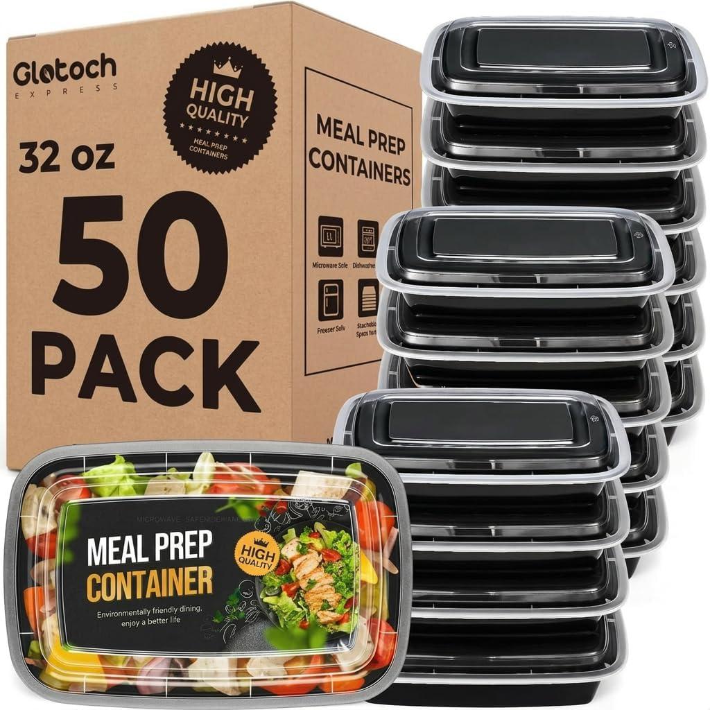Glotoch Meal Prep Containers 32oz 50 Pack(100 Piece) with Lids, 1-compartment Plastic food storage containers Reusable, Bento boxes for portion control & takeout, Microwave/freezer/dishwasher safe