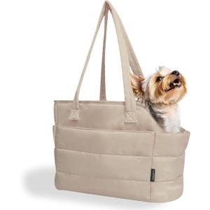 Lightweight Dog Purse Carrier for Small Dogs Under 15 lbs, Puffy Quilted Pet Carrier Tote for Puppies with Safety Leash Clip, Women's Hands-Free Dog Carrier Bag for Travel/Shopping (Brown)