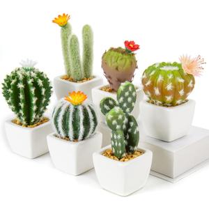 Oairse Mini Artificial Cactus Plants in Ceramic Pots 6 Pcs Potted Faux Succulents in Pots Fake Potted Plants Cactus Decor Small Artificial Plant for Home Decor Indoor Office Desk Tabletop Shelf (White)