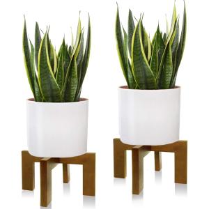 2 Pack Plant Stand Indoor Outdoor, Mid Century Plant Stand for Indoor Plants, Wood Modern Plant Holder Rattan Flower Plant stool, Low Short Boho Rustic Planter Stand, Fit 5-15 Inch Pot