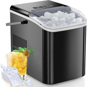 Countertop Ice Maker, 9 Cubes in 6 Mins, 26lbs in 24Hrs, 2 Sizes of Bullet Ice, Auto-Cleaning, Portable Ice Machine with Handle, Basket and Scoop for Home Kitchen, Party and Camping (Black)