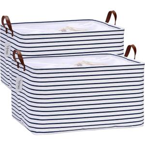 Hinwo 70L Extra Large Storage Bins, 2-Pack Closet Organizers and Storage, Foldable Clothes Storage Baskets with Handles, Containers for Clothing, Blanket, Comforters, Toys, Bedding (Navy Stripe)