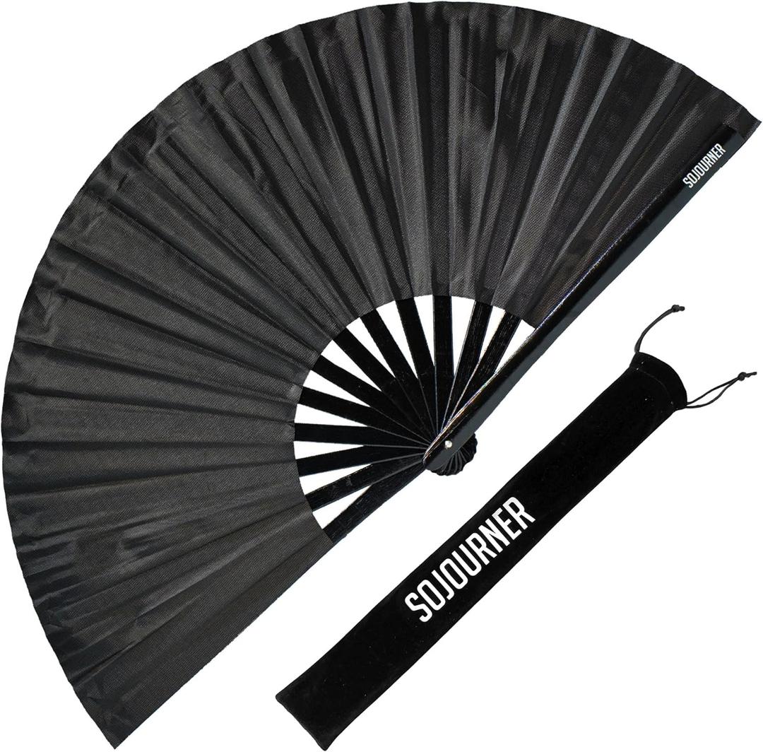 SoJourner Bags Rave Fan - Large Folding Fan - Clack Fan Hand Fan for Raves, Halloween, Burlesque, Rainbow Outfits for Women & Festival Accessories (Solid Black)