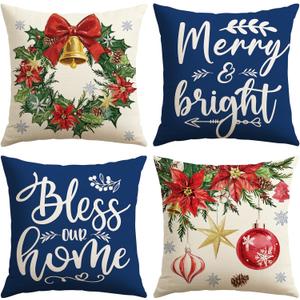 OTOSTAR Set of 4 Blue Christmas Throw Pillow Covers 18x18 Inch Winter Xmas Decorative Pillow Case Cover for Sofa Living Room Holiday Decor (Blue- Christmas Wreaths and Bells)