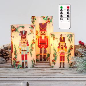 Nutcracker Christmas Flameless Candles Battery Operated Flickering LED Candles with Remote Timer, Real Wax Pillar Candles for Holiday Party Home Decoration Christmas Gifts, Set of 3