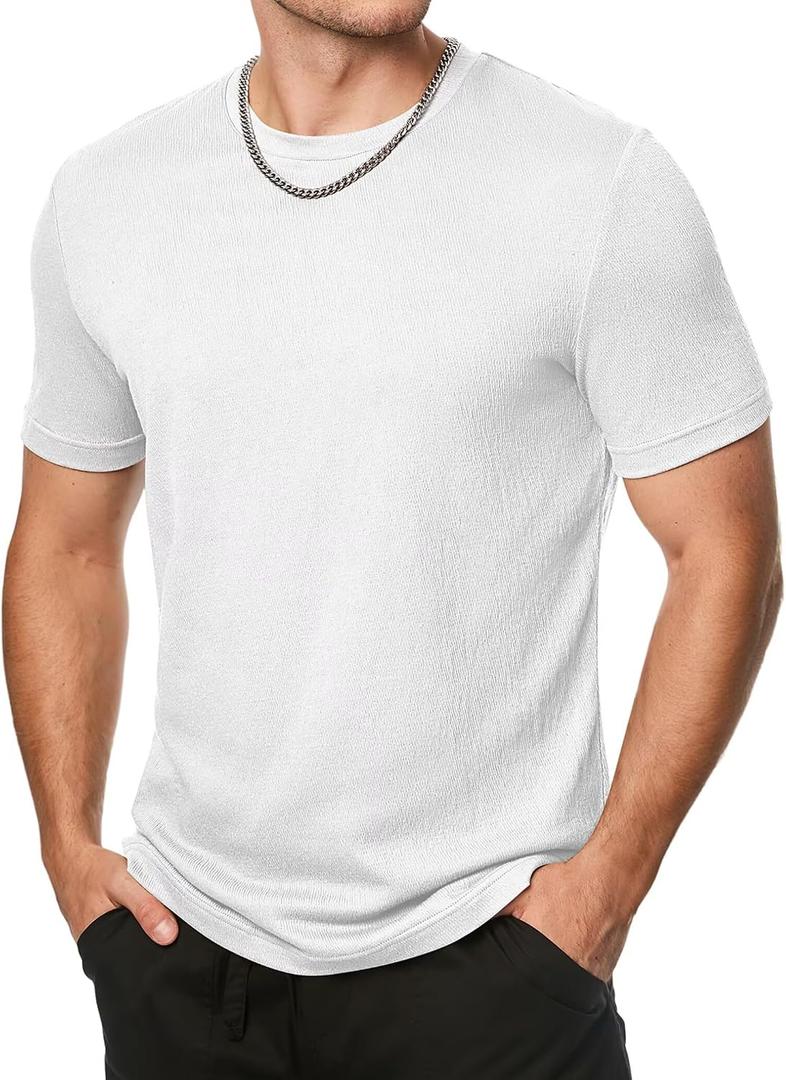 Dokotoo Men Men's T-Shirts Cotton Short Sleeve Crewneck Textured Knit Tees Shirts Summer Casual Solid Basic Tops (White, S)