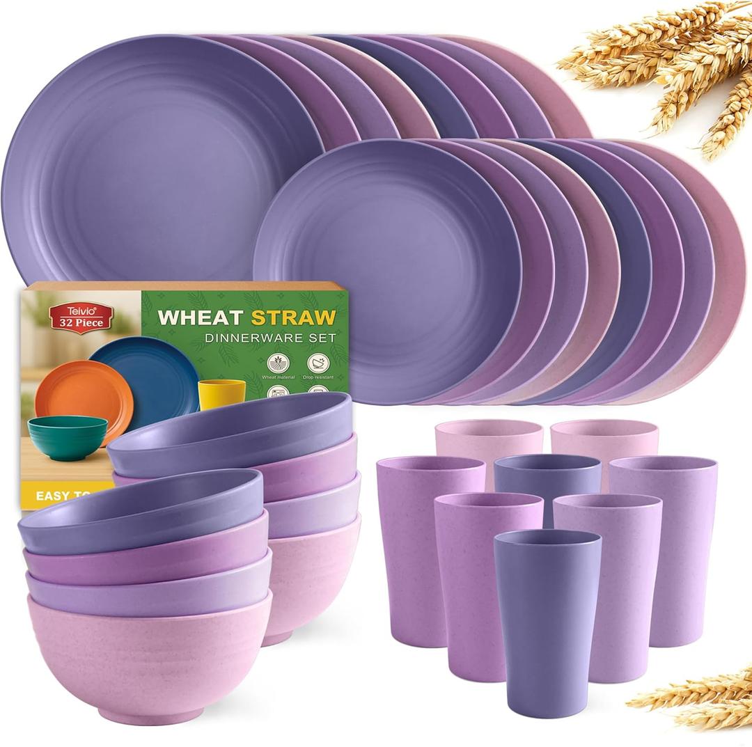 Teivio 32-Piece Kitchen Plastic Wheat Straw Dinnerware Set, Service for 8, Dinner Plates, Dessert Plate, Cereal Bowls, Cups, Unbreakable Colorful Plastic Outdoor Camping Dishes, Purple Ombre