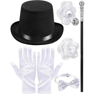 5 Pcs Adult Magician Costume Accessories - Top Hat, Wand, Gloves, Bow Tie, Rose Flower Brooch for Women's Halloween Cosplay, Parade, Dance Recitals