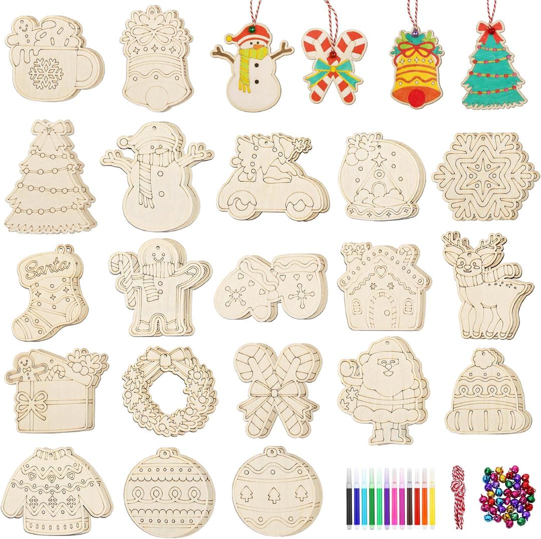 Golibra 40 PCS Wooden Christmas Ornaments, 20 Styles Unfinished Wood Crafts Kit with Strings, Colored Bells and Pens, Holiday DIY Crafts Christmas Tree Hanging Dcor