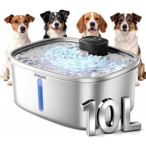 10L Dog Water Fountain, 304 Stainless Wireless Pet Fountain | 10L wireless dog water bowl for large dogs&cats, sensor flow, quiet , 4000mAh battery, 15-25 day runtime and 8 filter set