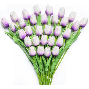 30 PCS Artificial Tulips Real Touch Tulips 13.5inch Long Stem Fake Flowers Silk Flowers for Spring Easter Mother's Day DecorationsLight Purple