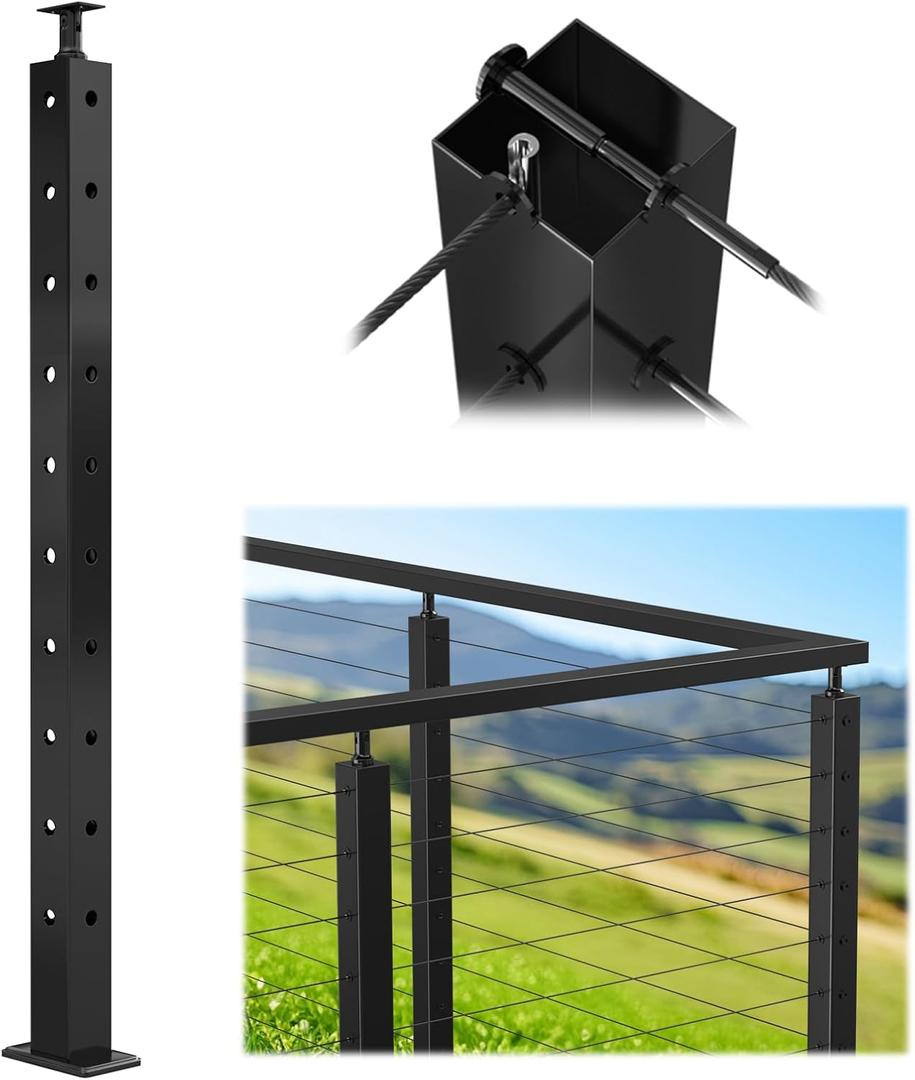 Muzata Black Corner Cable Railing Post 36 Inch 36"x2"x2" T-drilled One-Post Corner Solution Surface Mount Stainless Steel Cable Railing System Kit Indoor Outdoor with Paper User Guide PS01 B34S