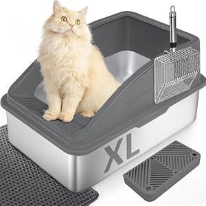 Cat Litter Box Stainless Steel Enclosure, Comfortable Space for Large Cats and Kittens, Easy to Clean Smooth Surface, Durable Metal Build with Cover, Litter Pad, Footboard and Shovel (Dark Gray)