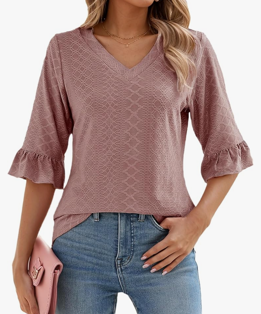 Womens 3/4 Flutter Sleeve Tops V Neck Shirts for Business Casual Loose Tunic Work Dressy Blouses S