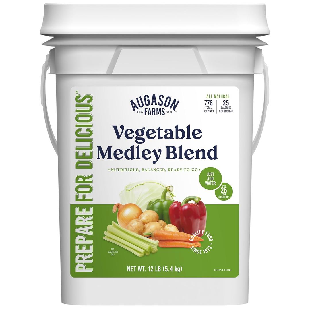 Augason Farms Vegetable Medley Blend 4-Gallon Pail, Certified Gluten Free, Emergency Food Supply, Everday Meals, 778 Servings, Best By: 09/2050
