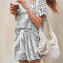 Tankaneo Womens Pajama Sets Striped 2 Piece Lounge Sets Short Sleeve Oversized T Shirts Drawstring Shorts Matching Set (XL)