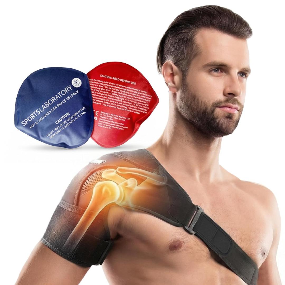 Sports Laboratory Shoulder Support for Women and Men includes Hot and Cold Gel Pack for Frozen Shoulder, Rotator Cuff Pain Relief, Adjustable Shoulder Strap for Extra Comfort (Medium)