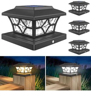 VOLISUN Solar Post Cap Lights Outdoor, Solar Powered Fence Cap Lights for 4x4 Vinyl/Wood, Black Waterproof Solar Deck Post Light 4Pack Cool/Warm for Garden Patio Porch