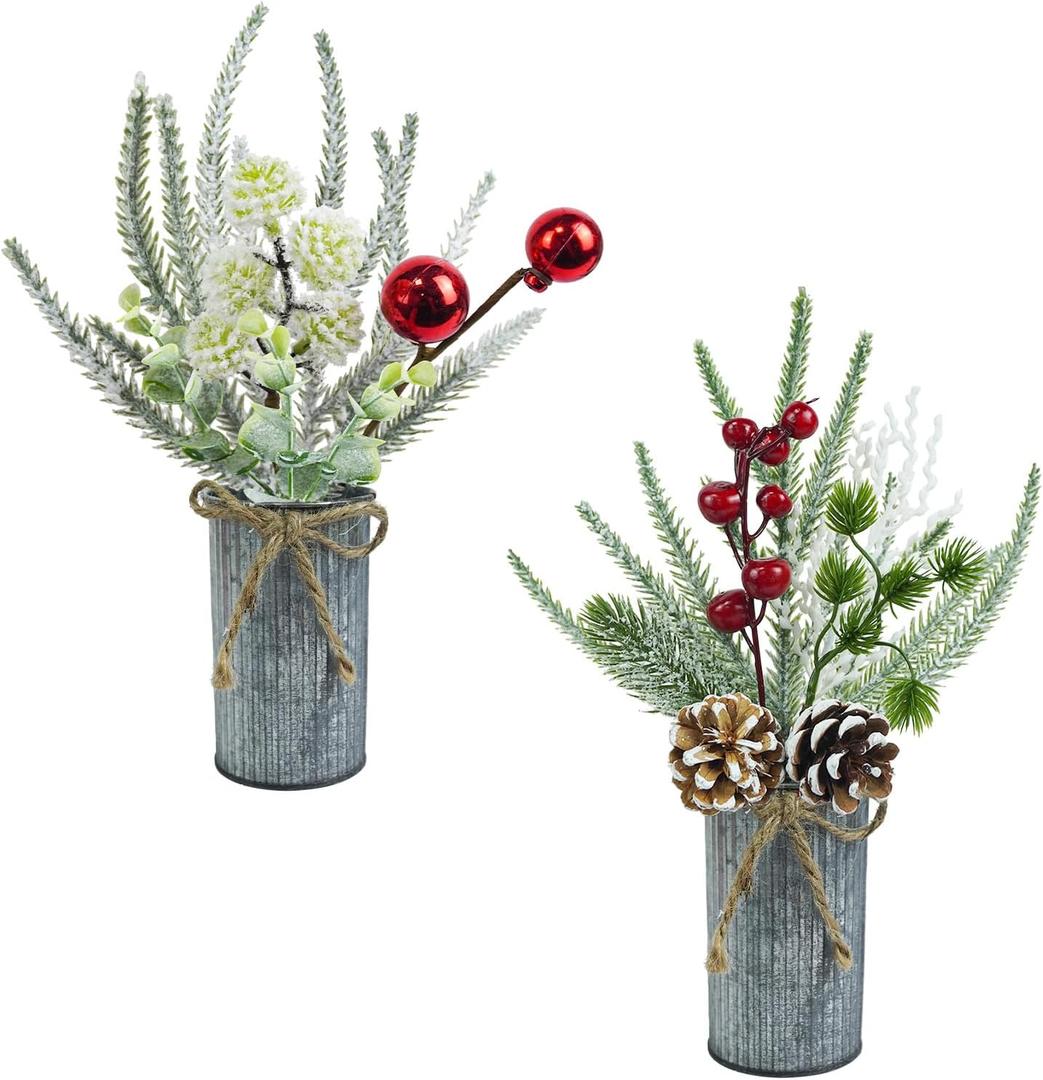 2 Pcs Small Christmas Floral Arrangement 13'' Xmas Artificial Farmhouse Mini Plants Fake Christmas Berry Stem Picks with Metal Pot for Holiday Home Centerpieces Table Decor