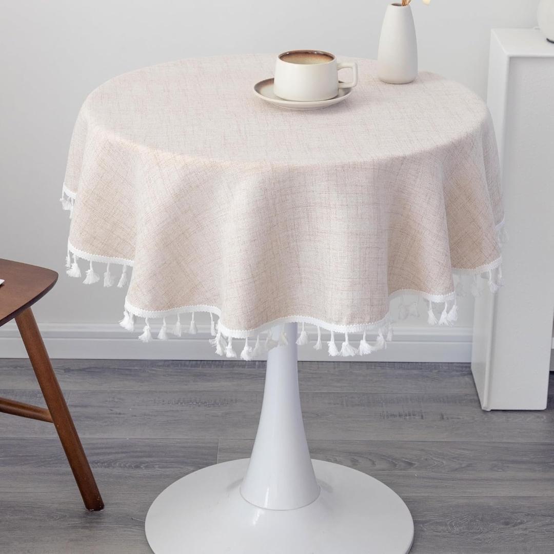 Linen Small Round Tablecloth 36 Inch Beige Washable Wrinkle Resistant Table Cover with Tassels Farmhouse Decorative Burlap Fabric Table Cloths for Wedding Camping Party Holiday