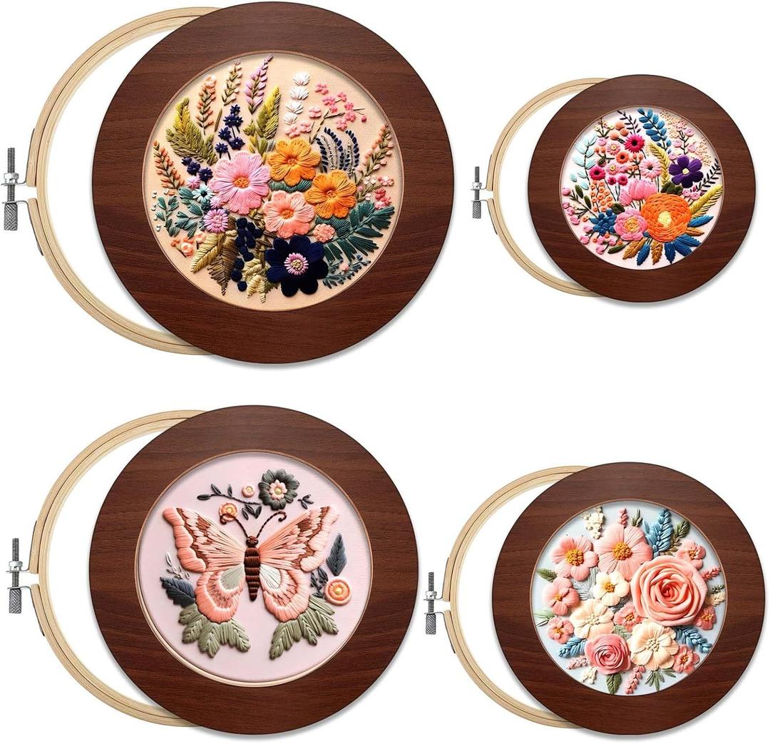 RattanView 8 Pcs Wood Embroidery Frames for Display 4, 6, 8, 10 Inch with Round Embroidery Hoop Decorative Cross Stitch Hoop Frame for Finished DIY Craft Sewing Ornaments Art