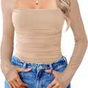 Avidlove Women's Square Neck Mesh Long Sleeve Bodysuit Shirts Ruched Body Suit Sexy Sheer Tops Date Night Outfit (Small, Nude)