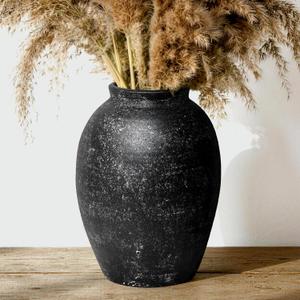 Large Ceramic Rustic Vase, 11 inch Farmhouse Tall Vase for Home Decor, Decorative Terracotta Vases for Living Room, Bedroom, Shelf Decor, Enterway, Wedding, Table Decoration, Black