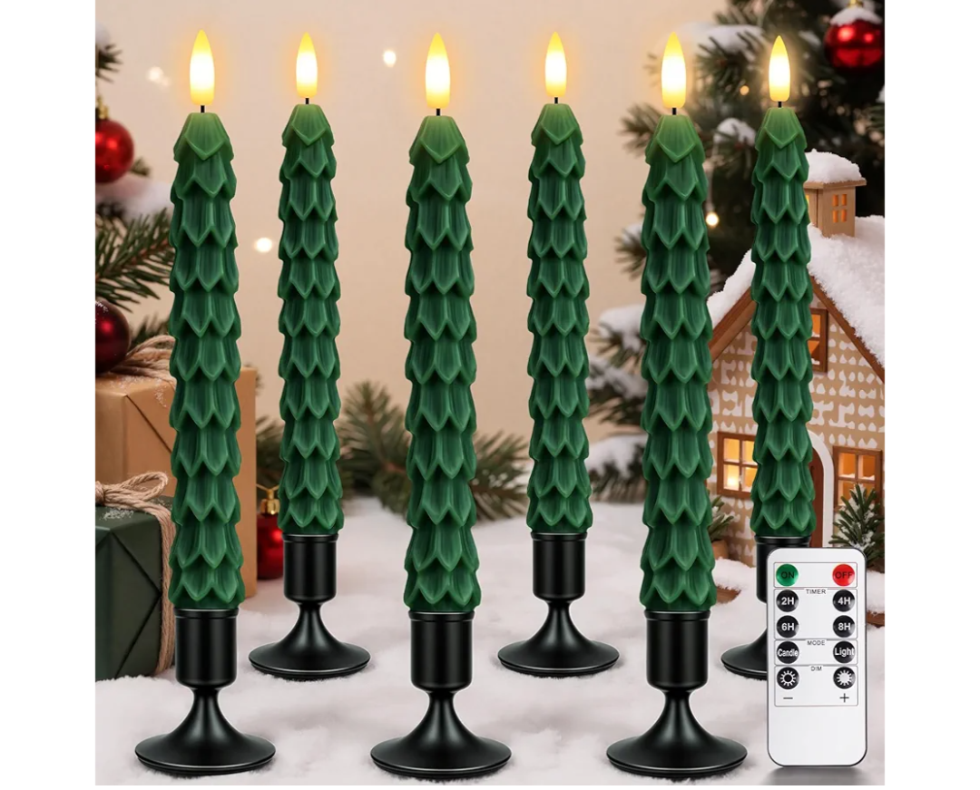 YAUNGEL 6 Pcs Christmas Tree Candles with Metal Candle Holder, Real Wax Christmas Tree Candles with Remote Timer, Flameless Tree Candlesticks Battery Operated Flickering Flame for New Year Xmas Decor
