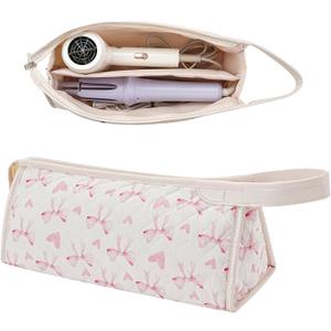 Large Quilted Hair Tools Travel Bag,Aesthetic Hair Styling Accessories Storage Case for Flat Irons,Straightener,Curling Iron,Hair Dryer,Portable Organizer08Heart Bow