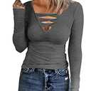 Women Casual Long Sleeve Tunic Tops V-Neck T Shirts Criss Cross Ribbed Casual Tee Slim Fitted Fall Blouse (X-Large, Dark Grey)