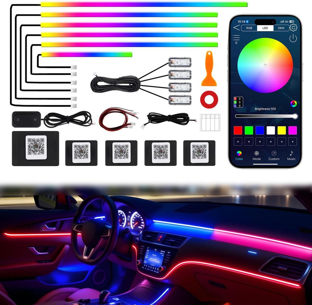 Dreamcolor Acrylic Interior Car LED Strip Lights, 10 in 1 Ambient Lighting Kit with Wireless APP, Dynamic Chasing Music Sync Fiber Optic Lights with DIY Mode, Car Inside Lighting Accessories