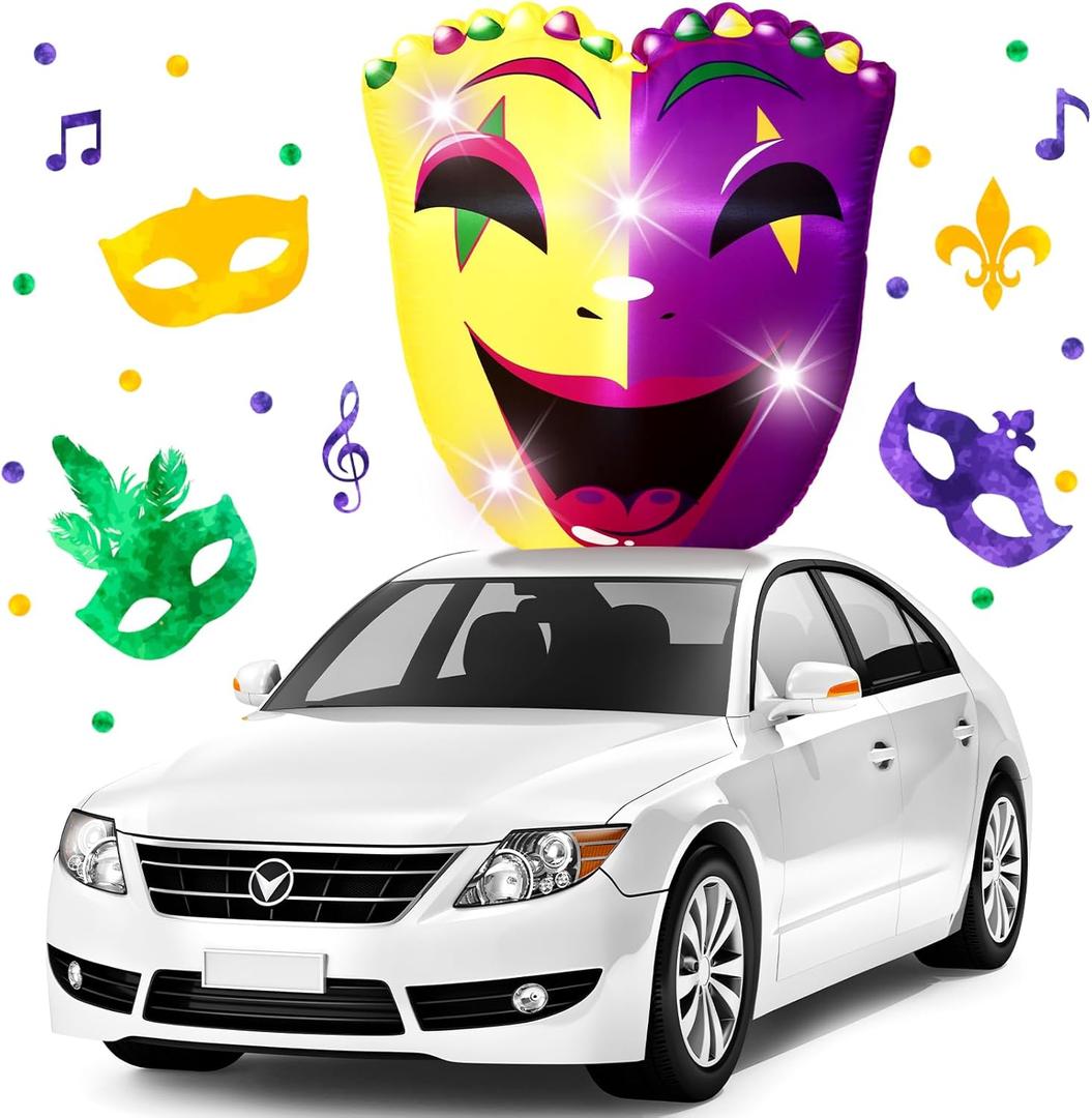 Leyndo 4 ft Mardi Gras Golf Cart Parade Inflatable Decoration Outdoor Parade Car Decor PVC Blow up Jester with LED Lights, Carnival Mask Sign Decorations for Car Roof Carnival Holiday Party Outdoor