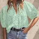BETTE BOUTIK Women's Long Short Sleeve Tops 2025 Dressy Casual Button Hollow Out Lace Embroidered Blouses Shirts (Large, Light Green)
