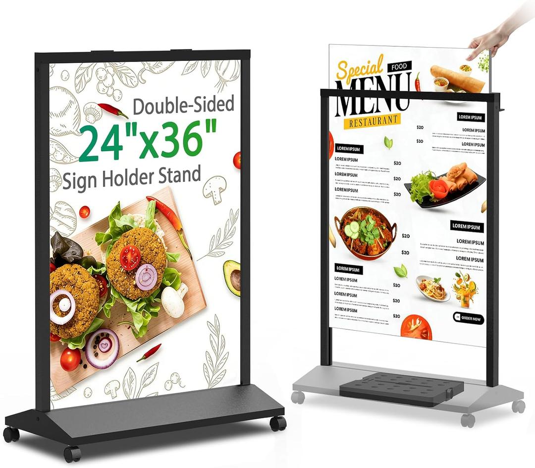 Poster Stand 24x36 Sidewalk Sign with Wheels – Heavy Duty Double-sided Sign Holder Stand for Storefront, Restaurants, Events, Yard, Poster Board Frame for Indoor & Outdoor Use (Frame ONLY)