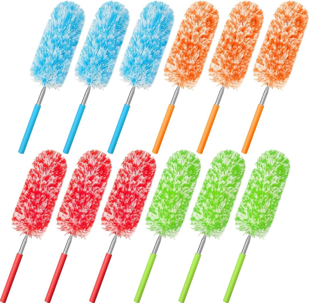 Tanlade 12 Pcs Microfiber Feather Duster for Cleaning 13-31 Inch Extendable Cobweb Dusters Ceiling Fan Duster Washable Bendable Tool for Office Car Window Furniture, 4 Colors (Bright Color)
