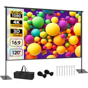 Outdoor Projector Screen with Stand, 120 inch Portable Projection kit 16:9 4K HD Wrinkle-Free Indoor Outdoor Movie Screen with Carry Bag for Home Theater and Backyard Movie Night